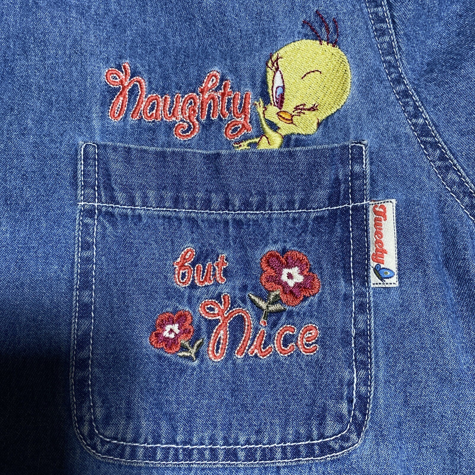 Vintage Womens Looney Tunes Tweety Denim 14W/16W Short Sleeve Shirt