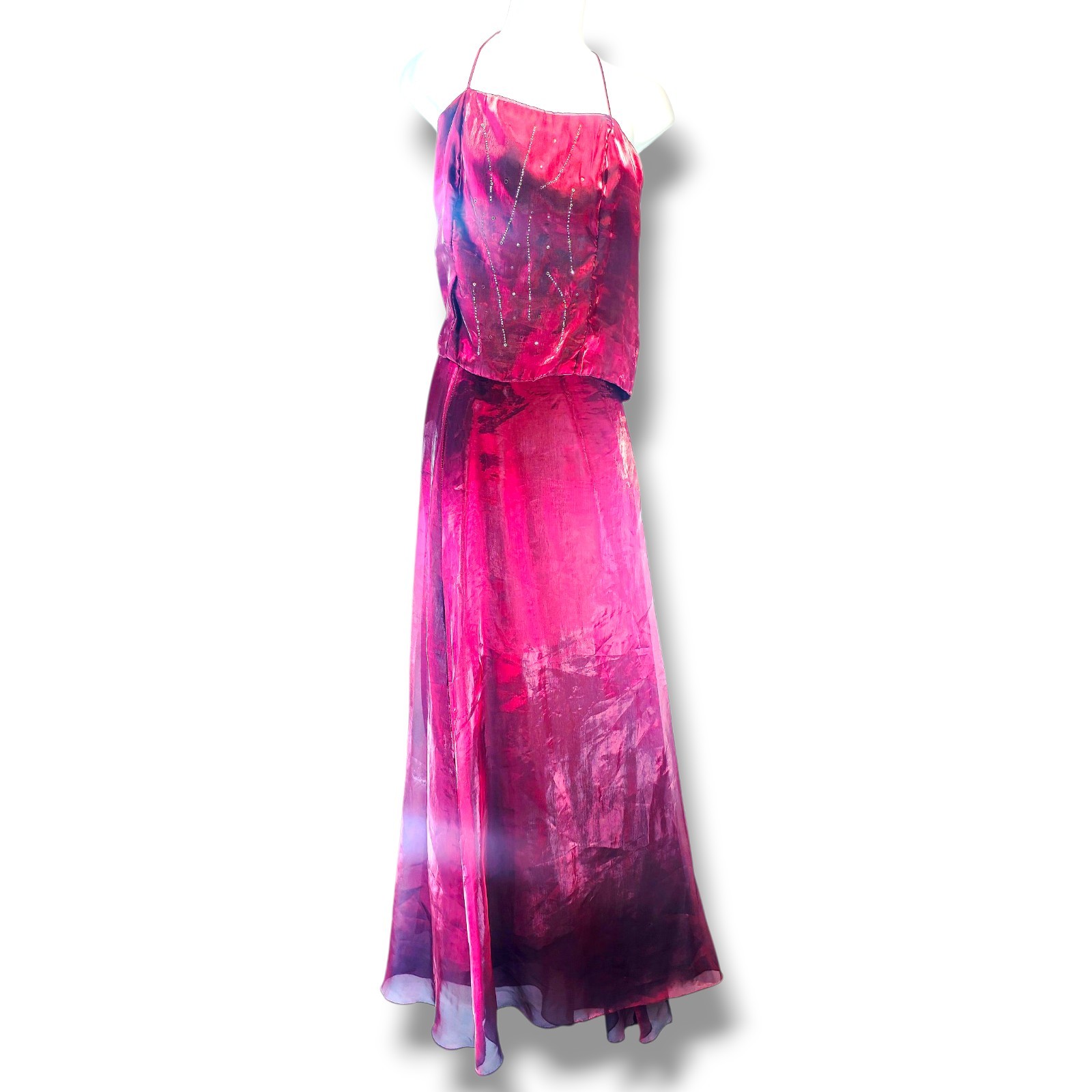 VTG Pelicana 2 PC Maroon Red Formal Rhinestone Lace Corset + Skirt Chiffon Sz XL