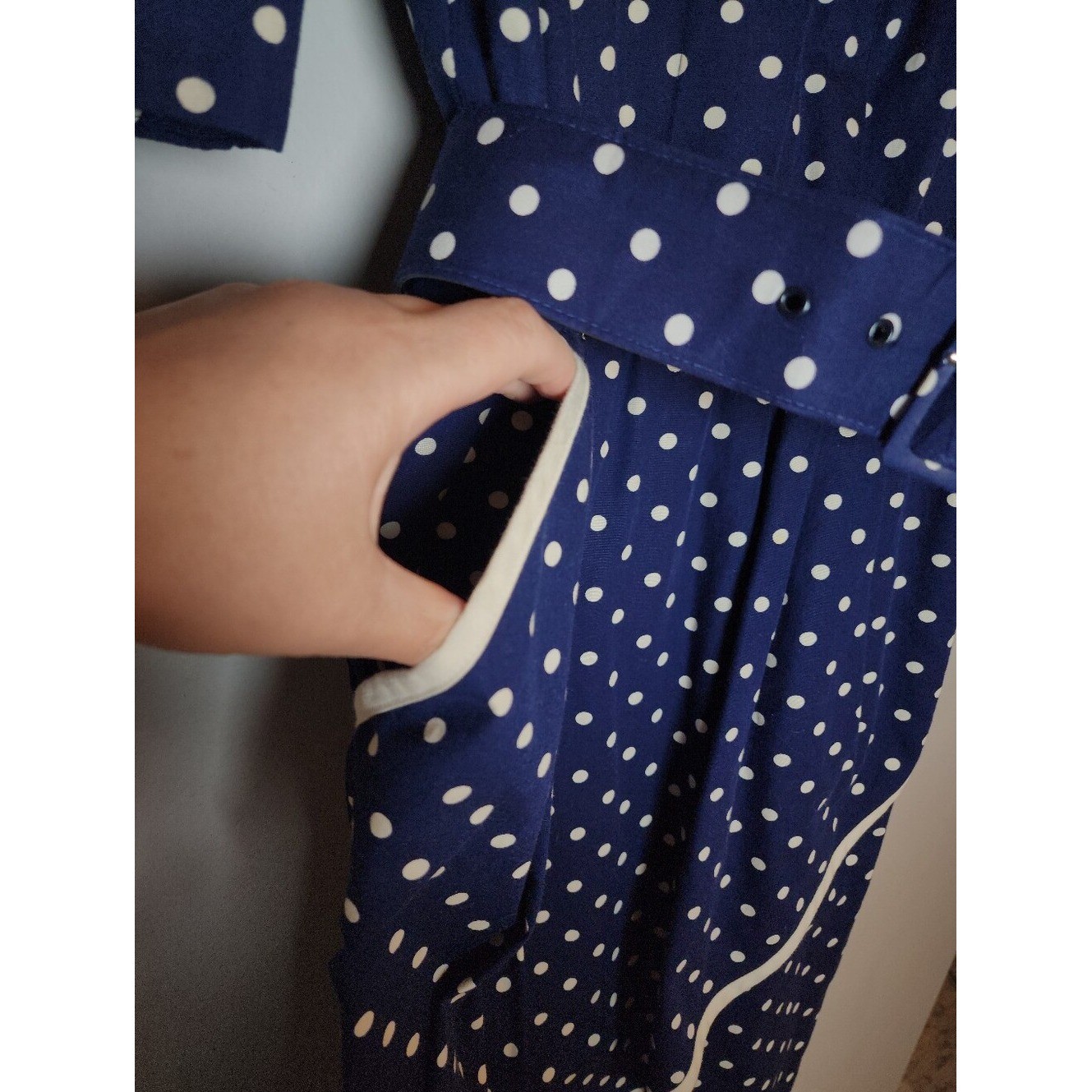 Vintage Choon California Dress Blue White Polka Dots Belt Pockets Est Size XS