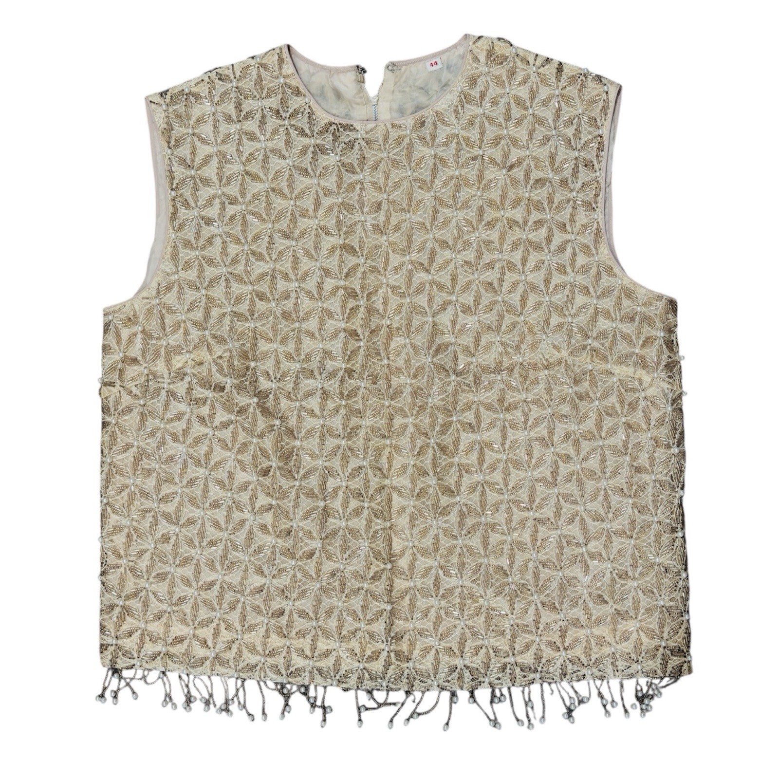 Vintage 60s Beaded Pearl Fringe Top Mod Party Ivory Gold Sleeveless 70s Sz 44 M?