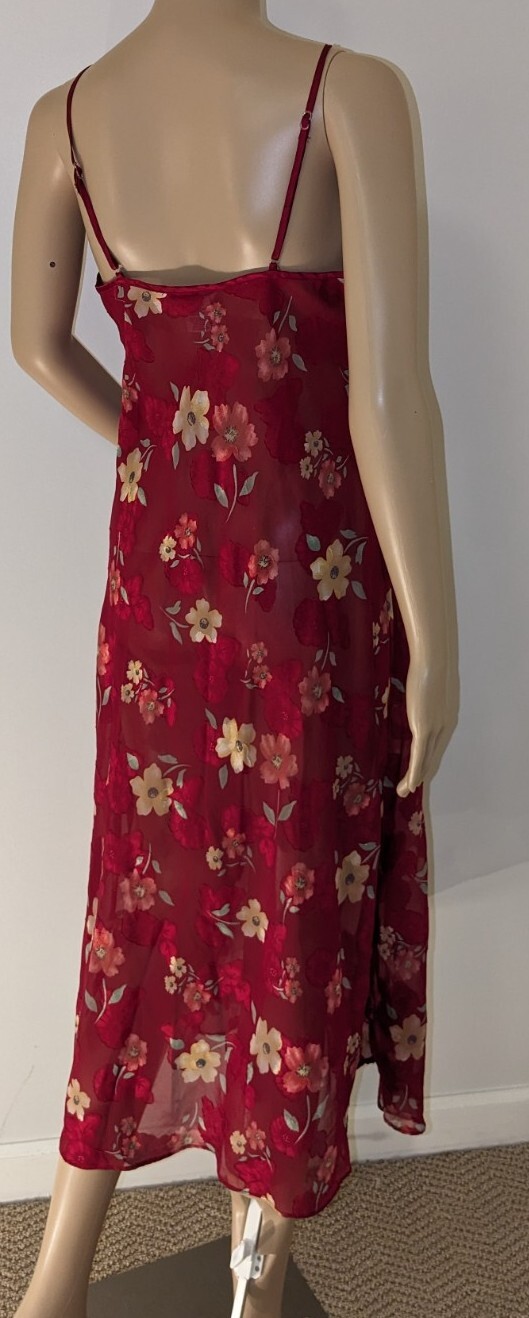 Sexy Secret Treasures Long Gown Sz M Deep Red Sheer Floral Burn Out Slip Dress