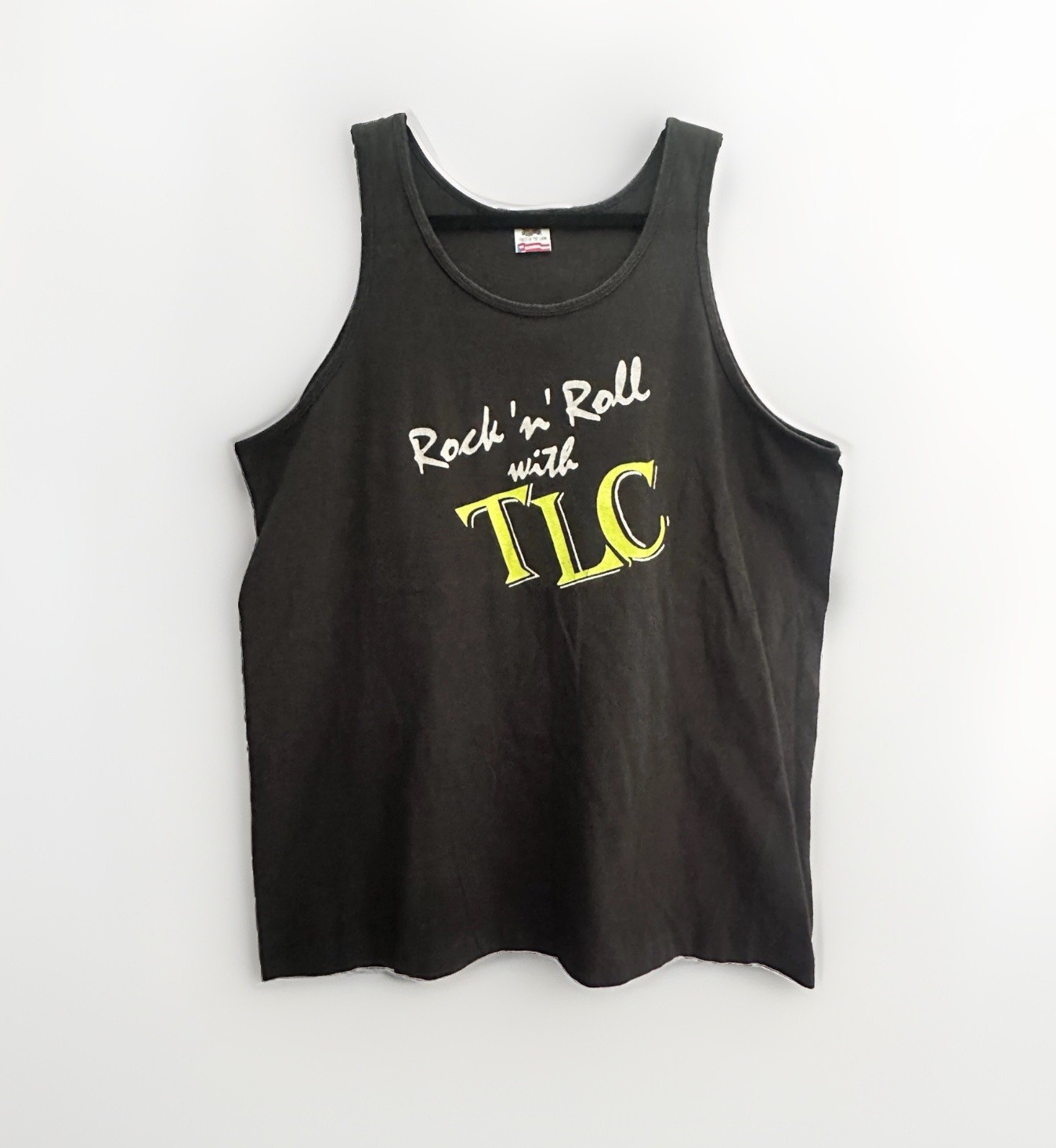 Vintage “Rock N’ Roll With TLC” Tank Top – Black w Neon Yellow FOTL Size L