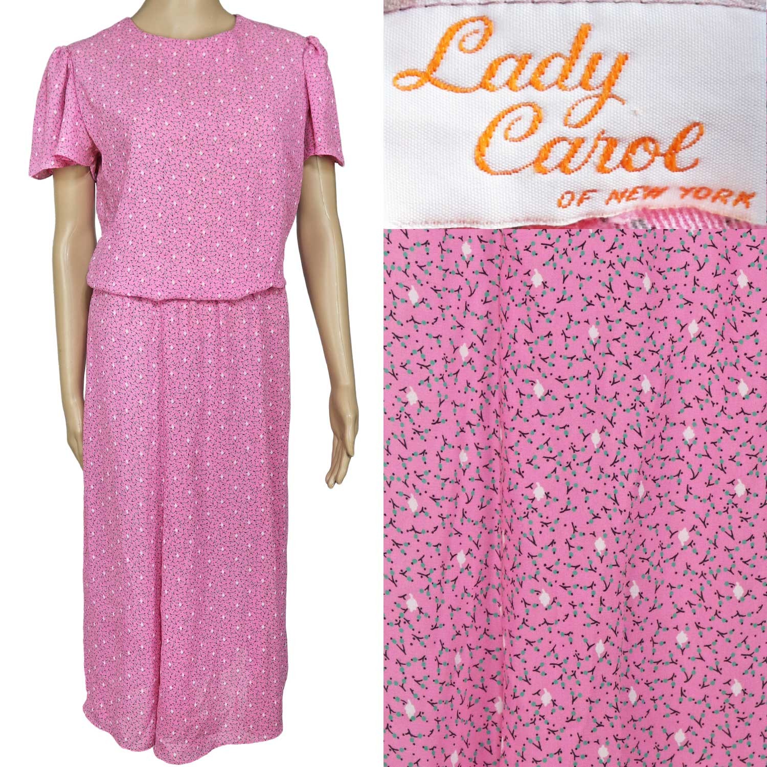 1980s Vintage Secretary Dress Pink Floral Chiffon Print Lady Carol Coquette 12