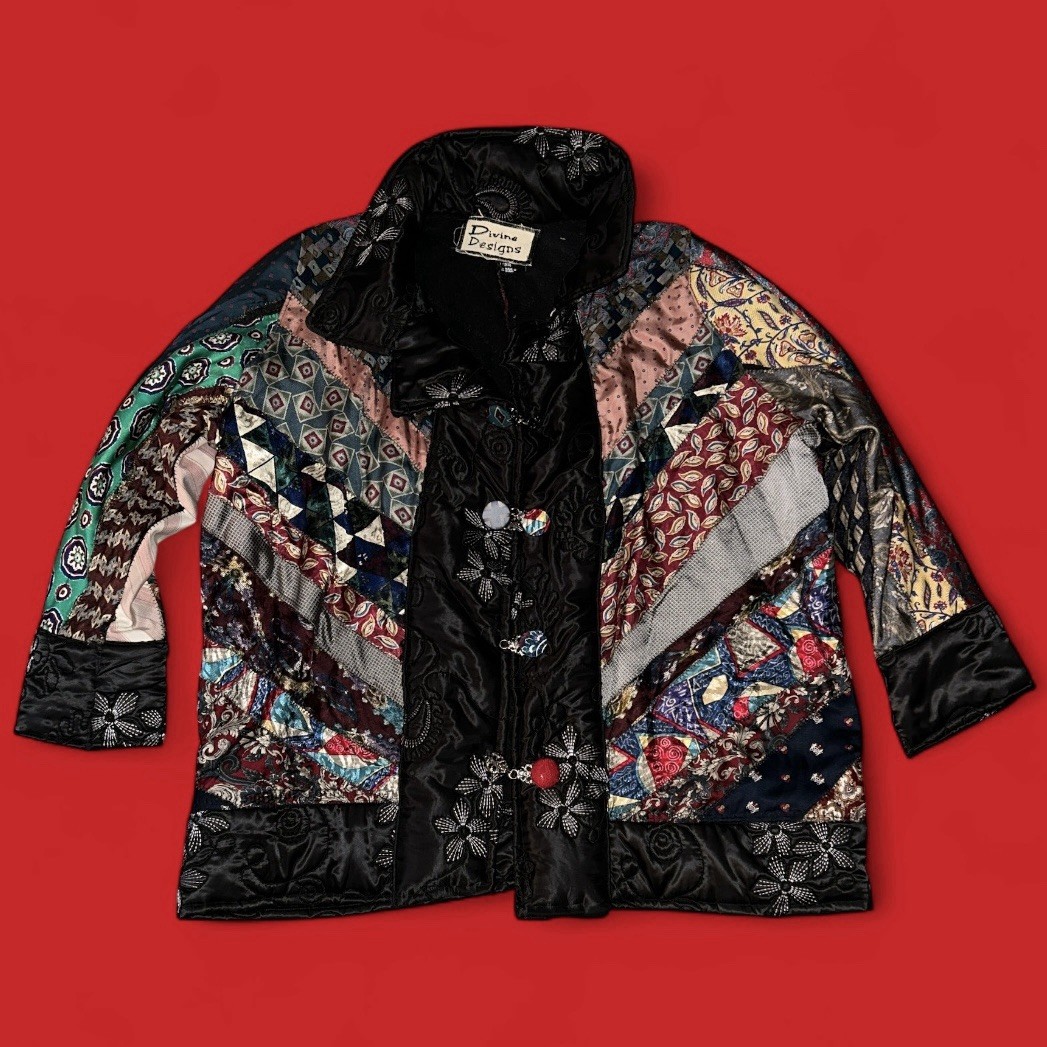 Vintage 80s Divine Designs Patchwork Art To Wear Lined Jacket Size 2XL Boho