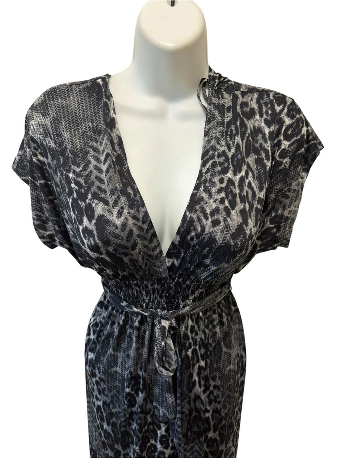 VTG Bisou Bisou Animal Print Empire Tied Waist Dress Sz 8 Gray Black Mob Wife