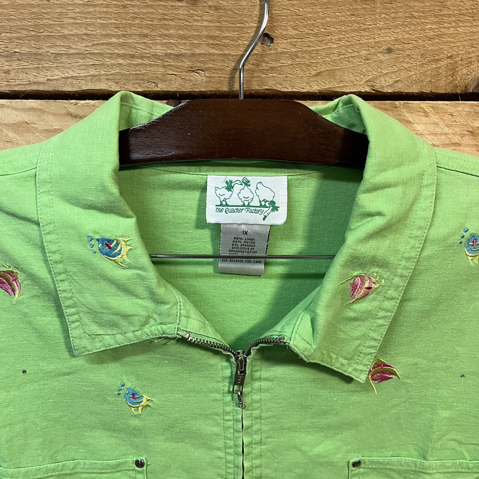 1990’s Vintage The Quacker Factory Womens 1x Green Fish Shirt Zip Up Linen