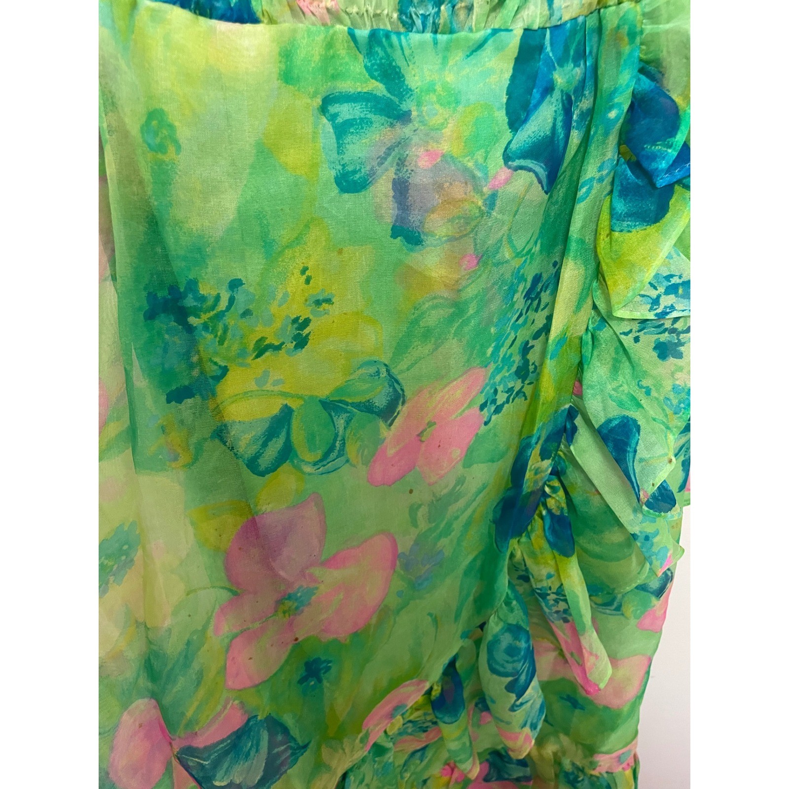 Vintage Floral Maxi Dress Chiffon Green Pink Blue Ruffle Wrap Skirt Smocked Top