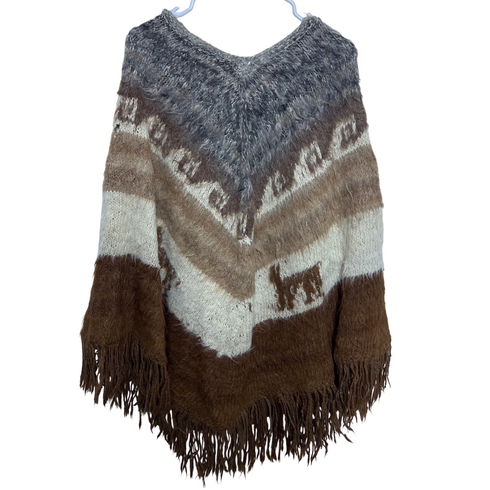Genghis Cohen Imports Alpaca Handknit Bolivia Poncho Fringe Brown Llama Vintage