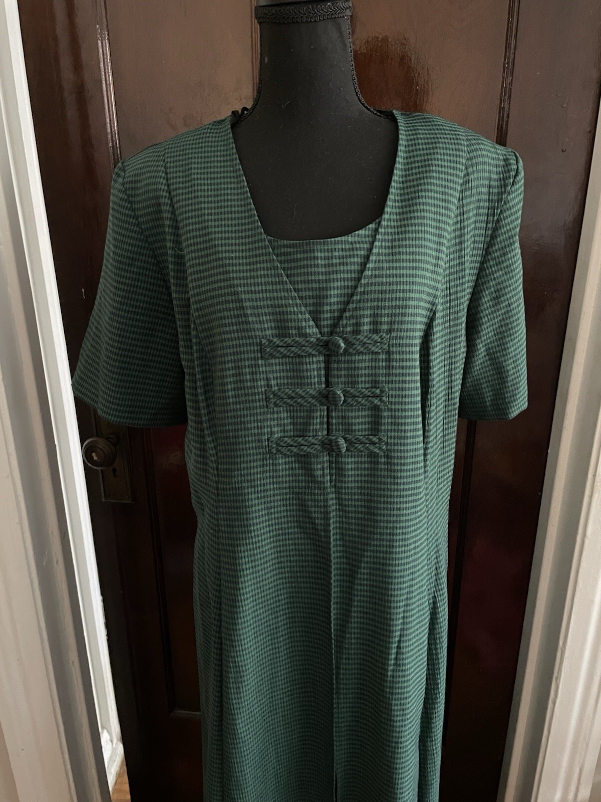 Fashion Bug Vintage 90s Green Gingham Midi Dress Womens 16 Office Wear To Work