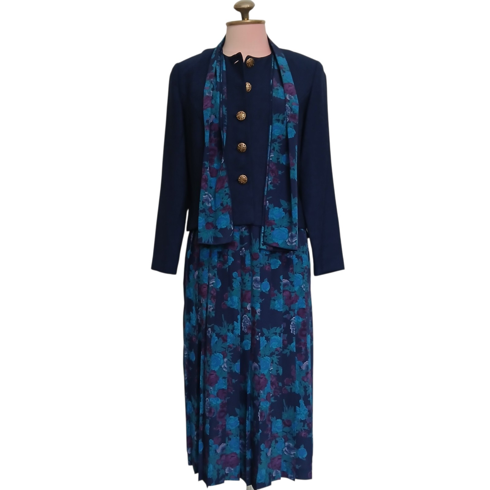 Leslie Fay Petite Skirt Suit Set w Scarf 6P Navy Blue Floral Teal