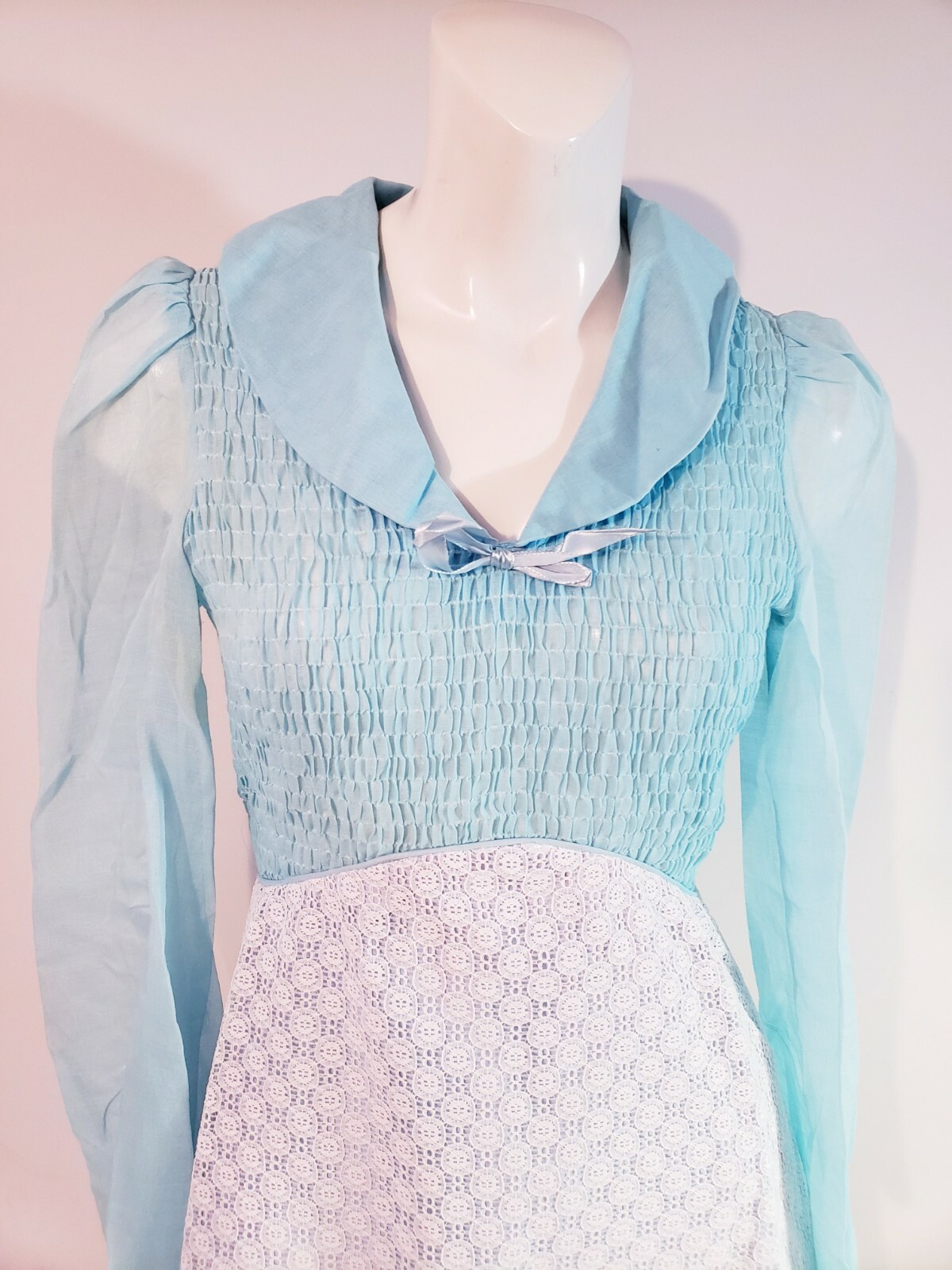 Vtg 70’s Candi Jones California Blue/White Lace Festival Folk Boho Dress Size 13