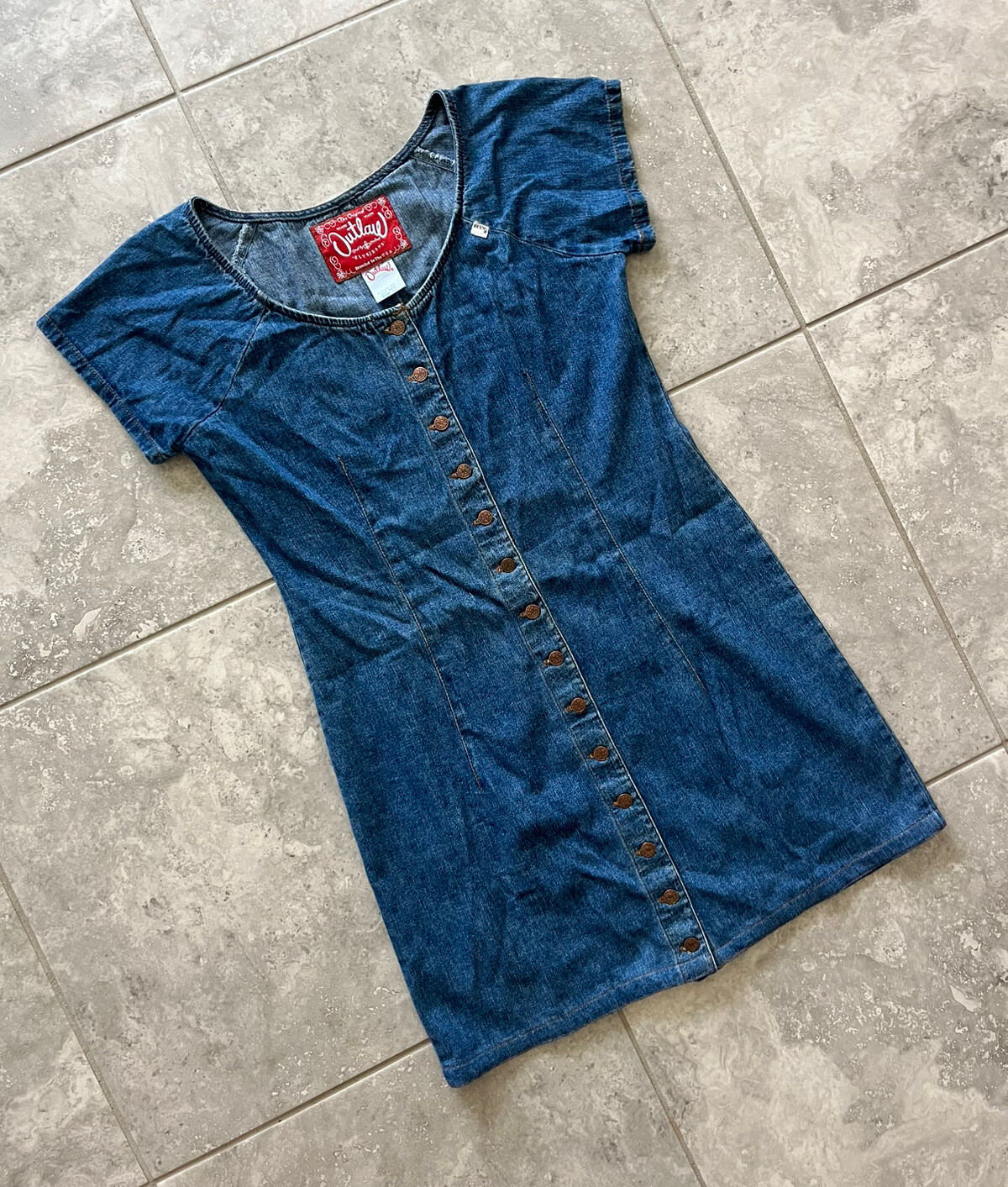 Outlaw Vtg Western Short Sleeve Blue Jean Button Denim Mini Dress Sz 11 M Y2K