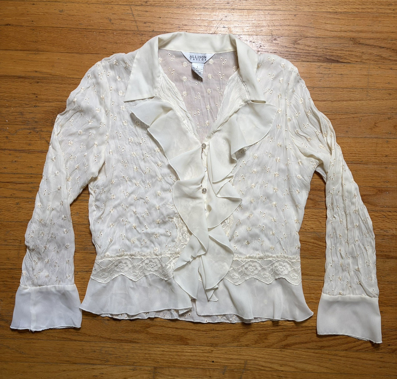 Vintage 90s Y2K Cream Lace Long Sleeve Top Sz L Fairy Coquette Ruffle Sheer