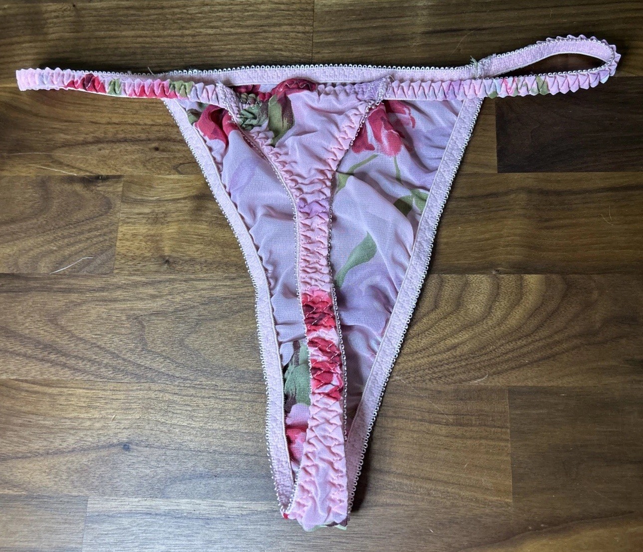 Vintage V String Thong Panties Nylon Chiffon M High Cut Pink Roses Second Skin
