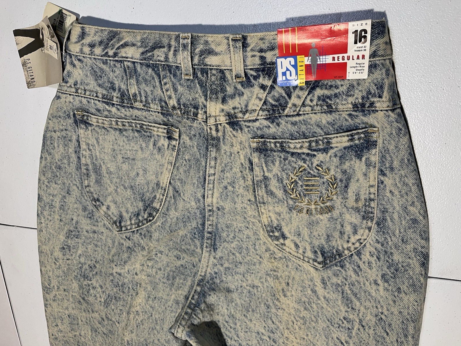 NEW VINTAGE 1989 PS Gitano ACID WASHED Women 16 32×30 Denim Blue Jeans USA MADE