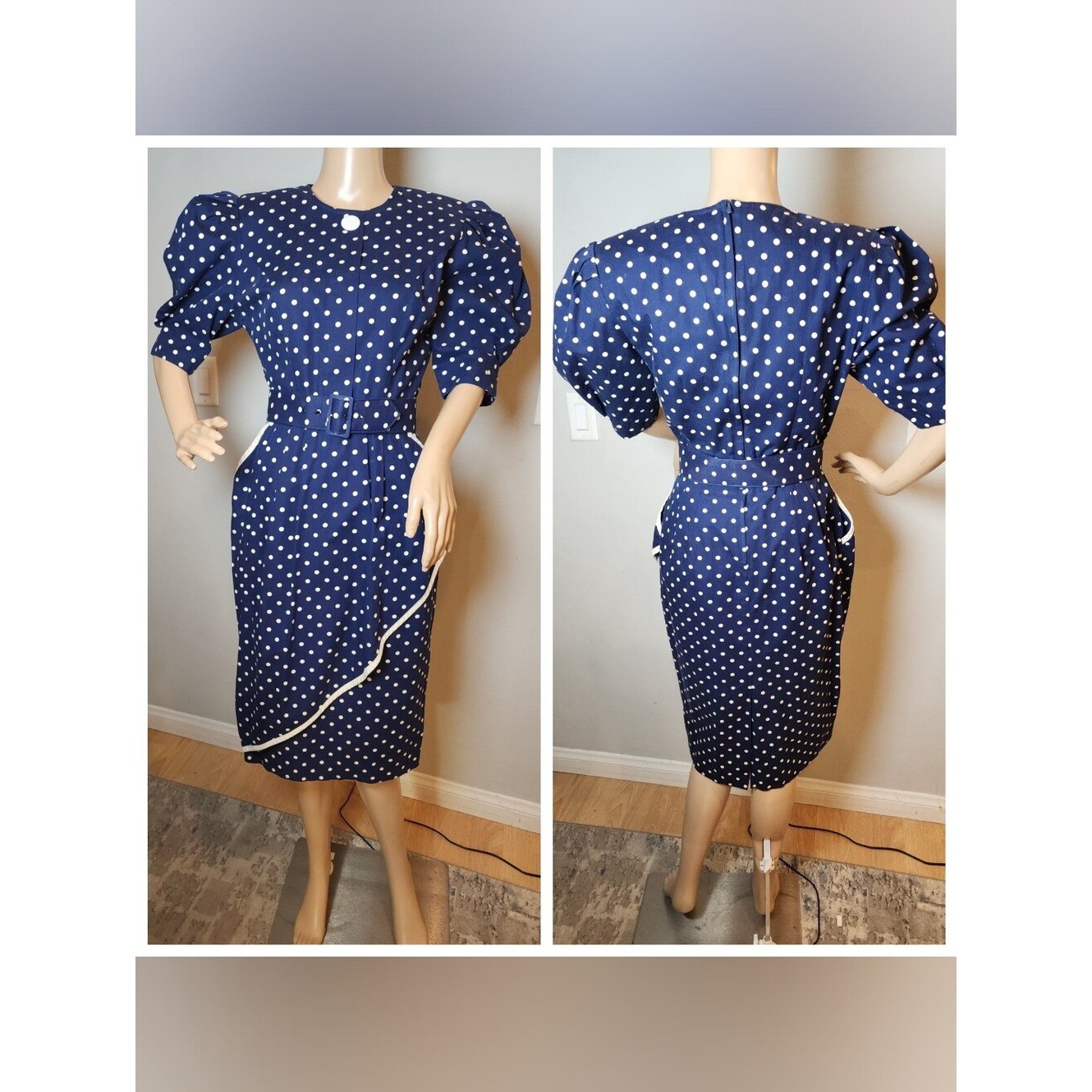 Vintage Choon California Dress Blue White Polka Dots Belt Pockets Est Size XS