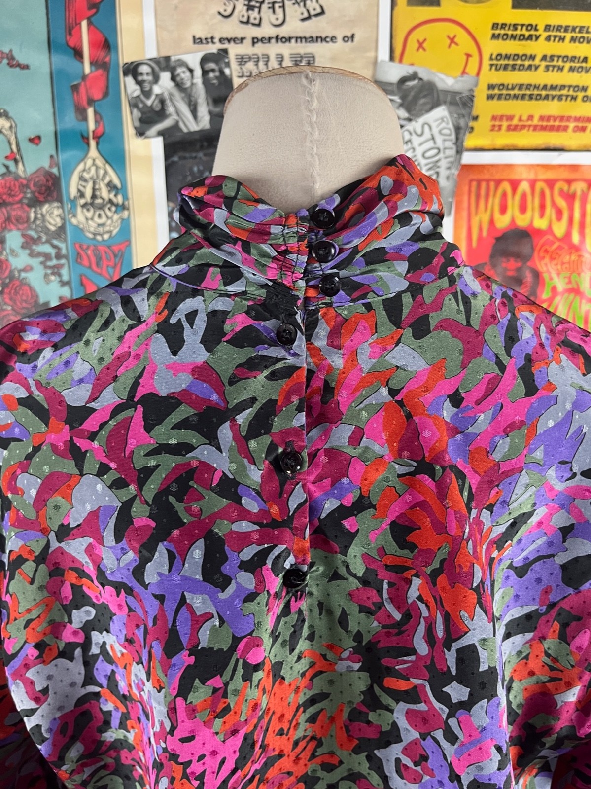 Vtg 90s Pink Multi-Color Abstract Print Long Sleeve Collared Blouse Top Medium