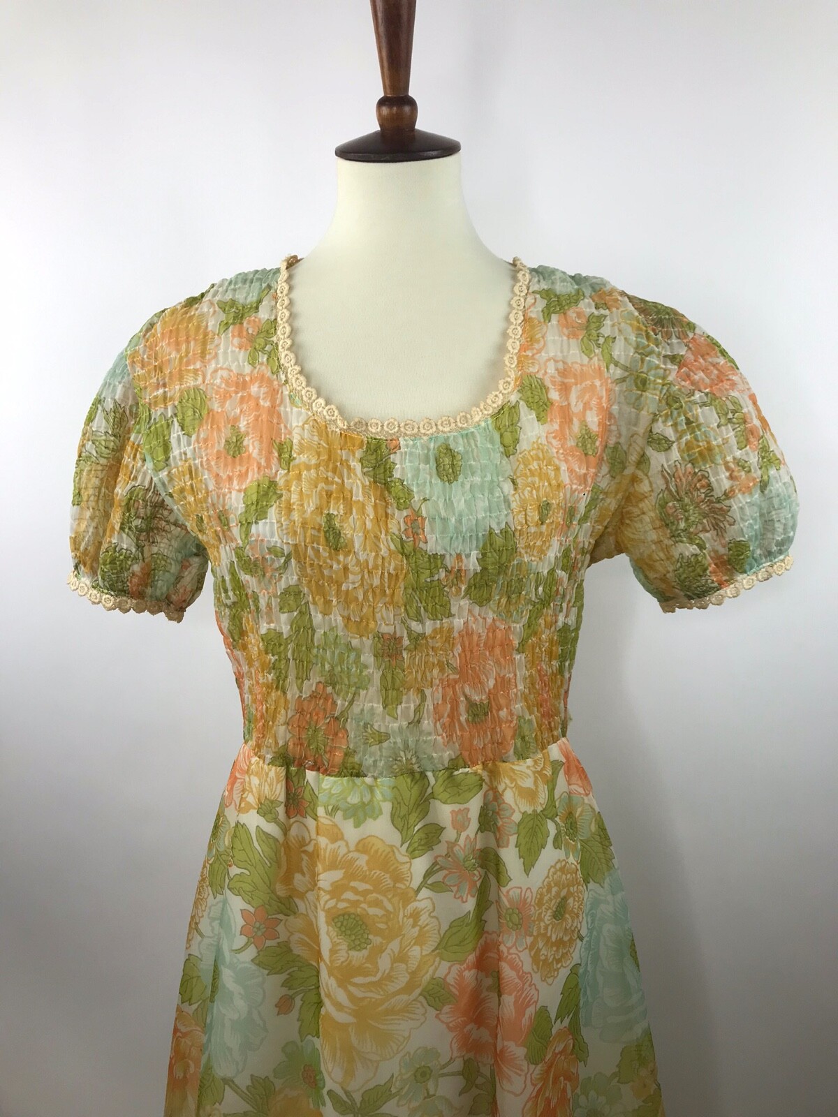 Vintage Maxi Dress Cottagecore Floral Ruffles Lace Trim Hippie BOHO Size 13?