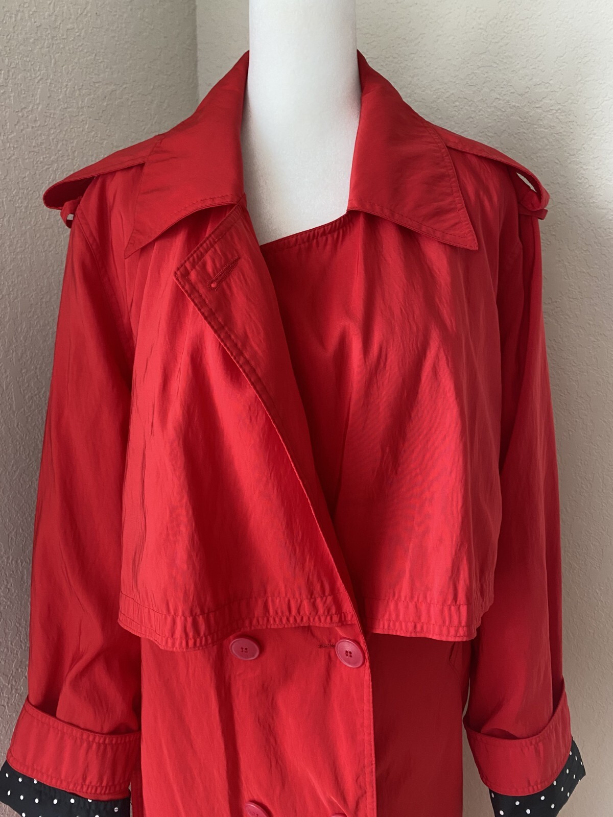 New York Harbor Petite 14 Full Length Red Trench Rain Coat w Polka Dots