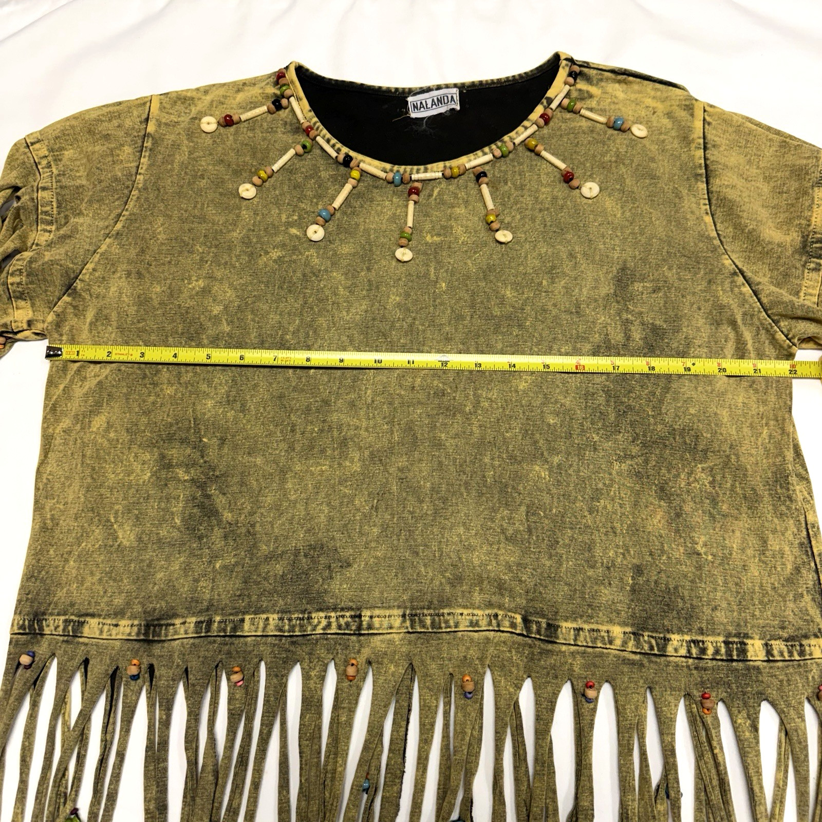 Archive Vtg 90s Nalanda Japan Acid Wash Fringe Beaded Top Native Western M L