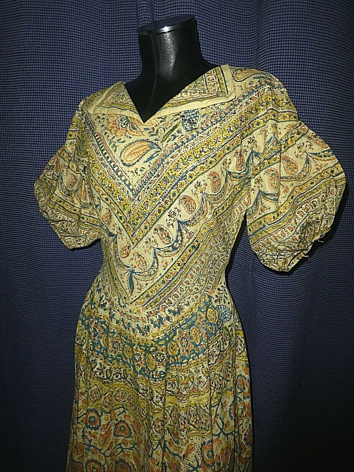 Vtg 50s INDIA Block Print Cotton Ethnic Hippie Boho Gypsy Full Skirt maxi Dress