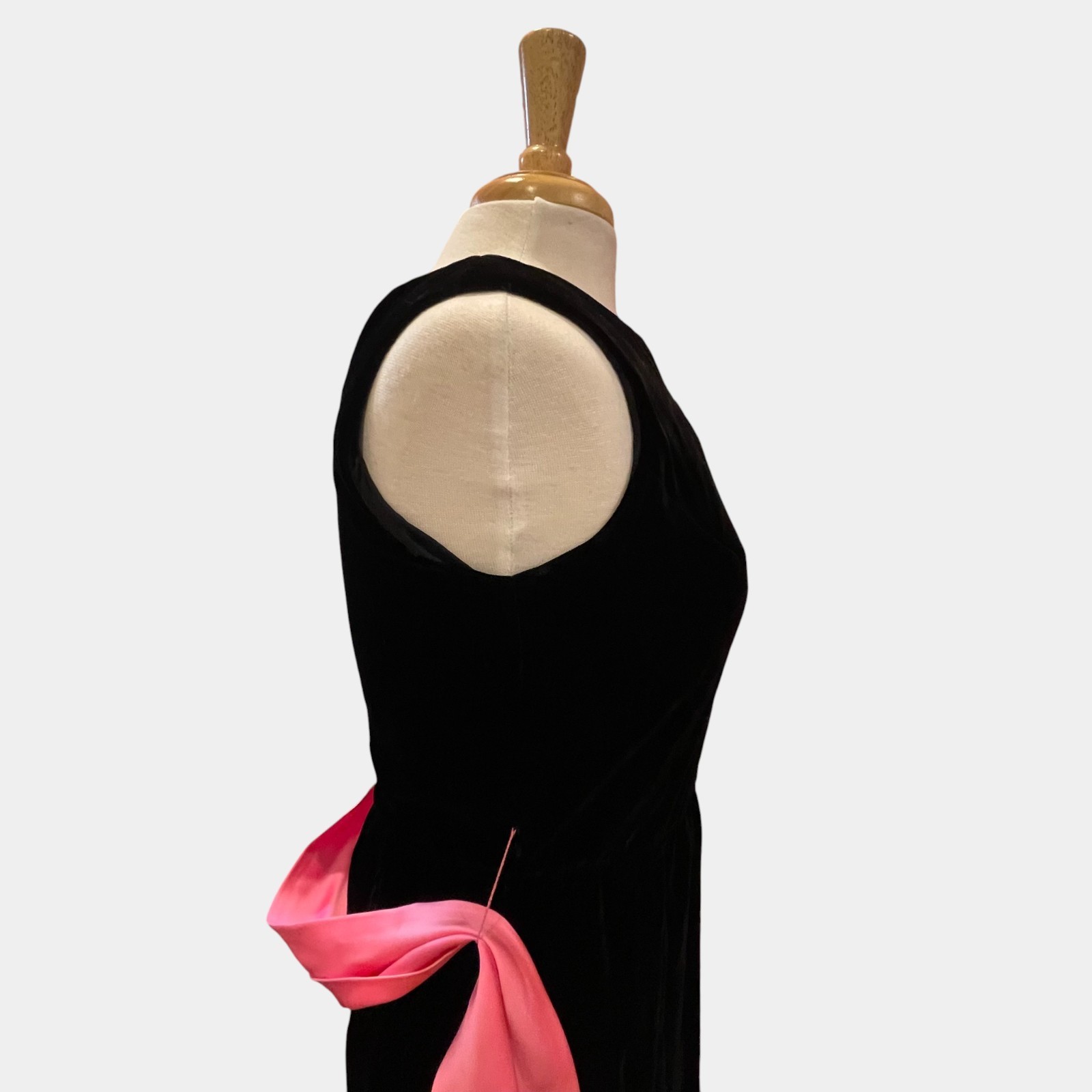Vintage Carol Brent Black Velvet Dress Pink Satin Sash Rhinestone Buttons NOS