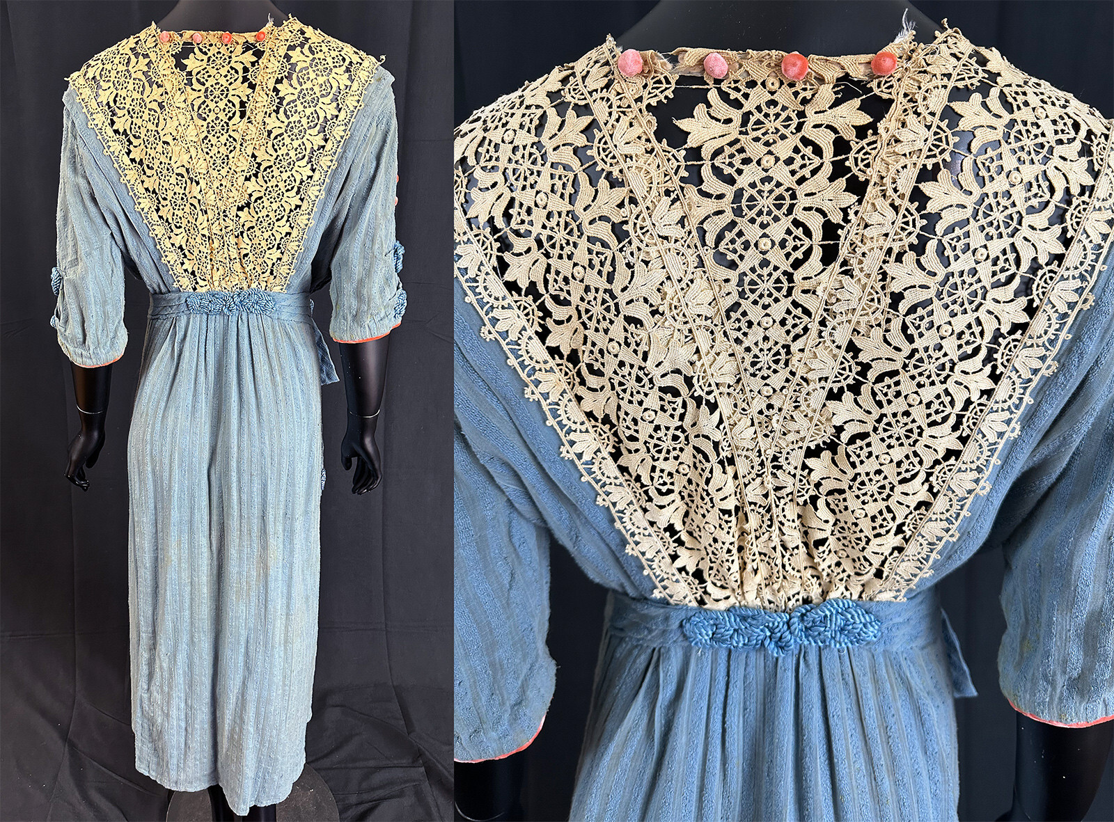 Edwardian Titanic Era Blue Striped Cotton Ivory Lace Pink Velvet Trim Dress VTG