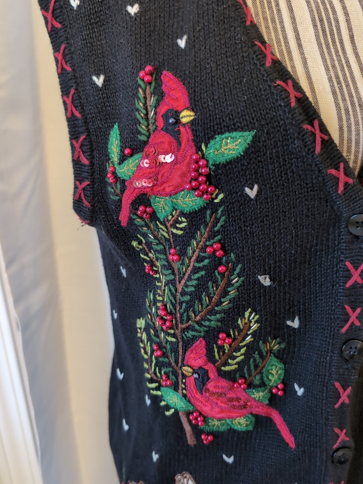 VTG Bobbie Brooks Black Ramie Cotton Embroidered Cardinal Bird Sweater Vest SZ L
