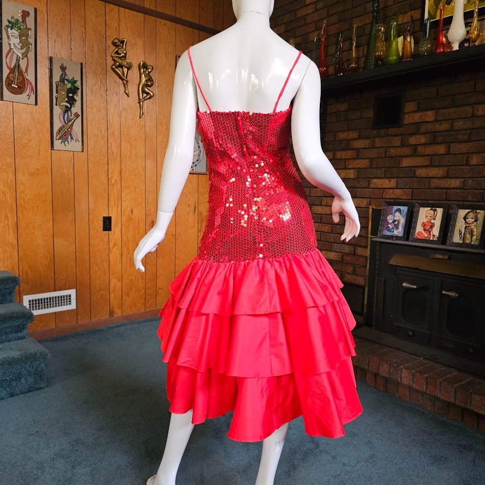 Vtg 80s Alyce New Wave Prom Drop Waist Mermaid Sequin Flamenco Party Dress S/M
