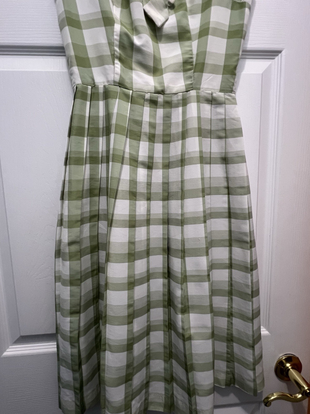 Vintage 1940-50’s Green Gingham Check Dress Zip Pleated No Sleeves XS Homemade