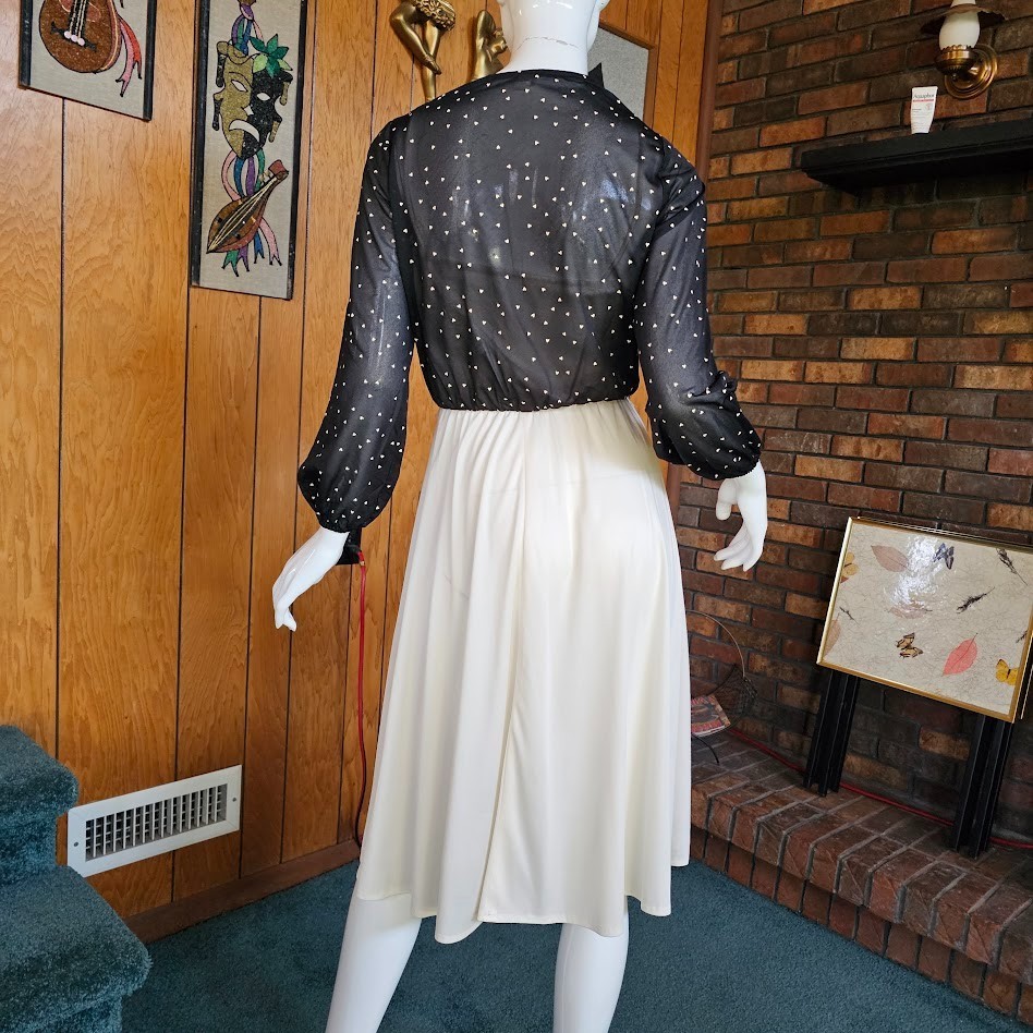 Vtg 70s Disco Hearts Print Bishop Sleeve Blouson Studio 54 Swing Dress XS/S/M