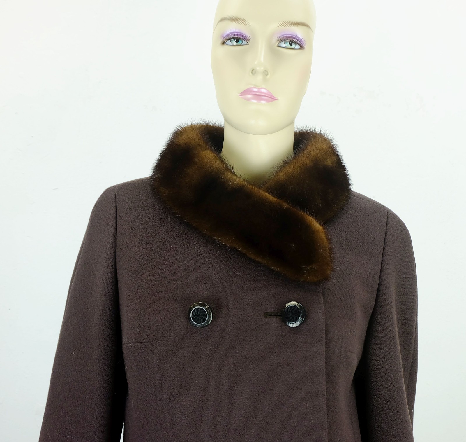 1960s COAT Del Mod International Brown Wool Fabric Mink Collar Size 38