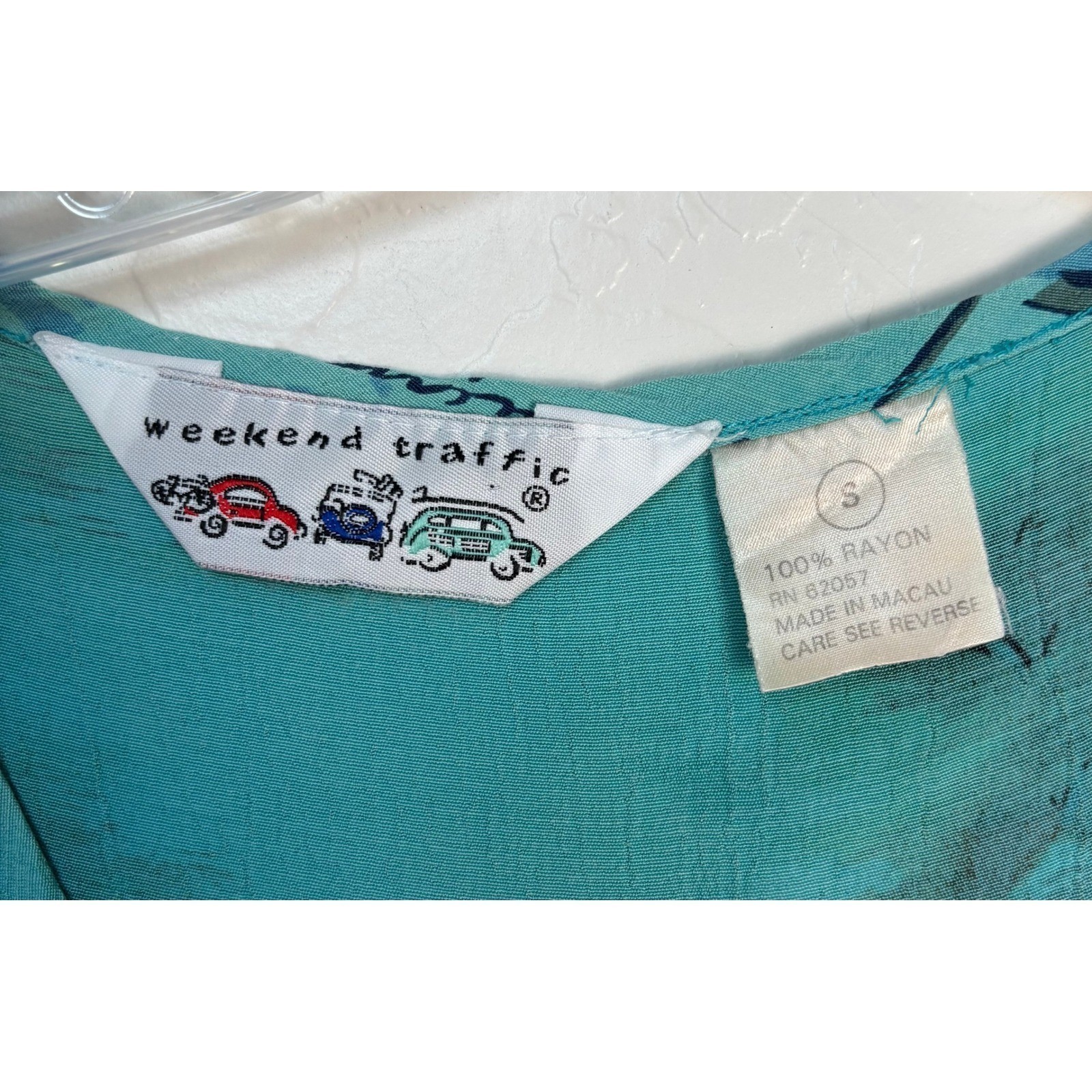 Vintage Weekend Traffic Teal Tropical Island Print Rayon Maxi Dress Sz S 2159