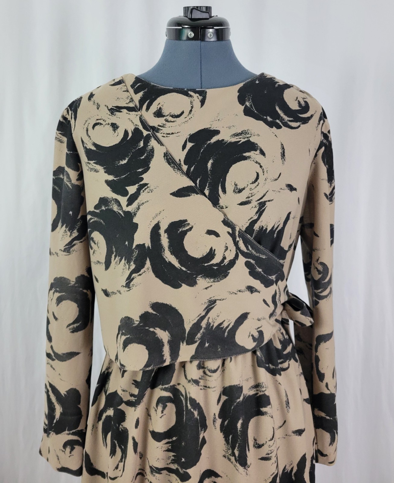 Vintage Marti Petite Brown & Black Blouson Dress w Overlay Wrap Size 16