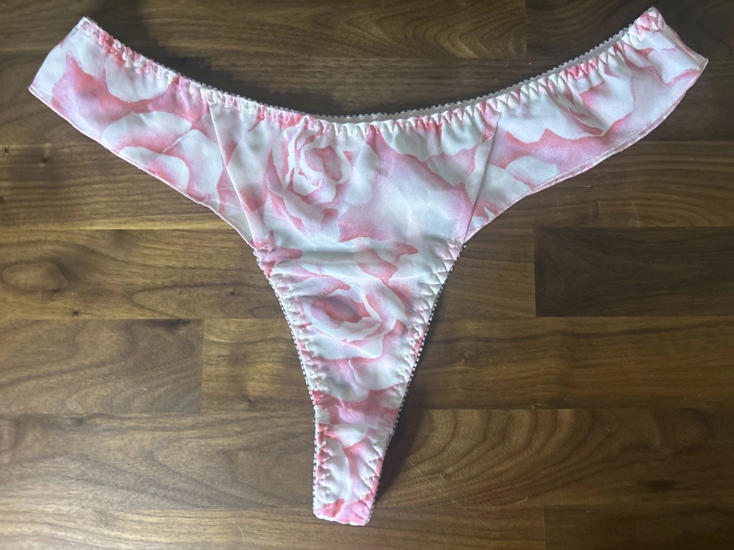 Vtg Thong Panties Satin Chiffon L Pink Flutter Ruffle Hi Cut Frilly Second Skin