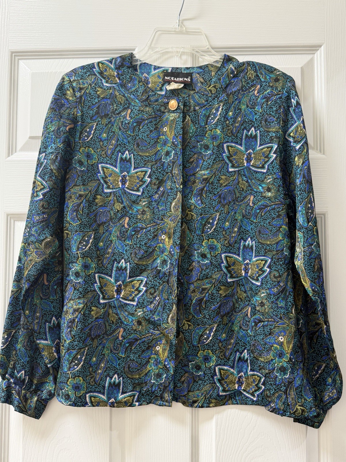 Vintage Ladies Notations Blue And Green 100% Polyester Blouse Size 8
