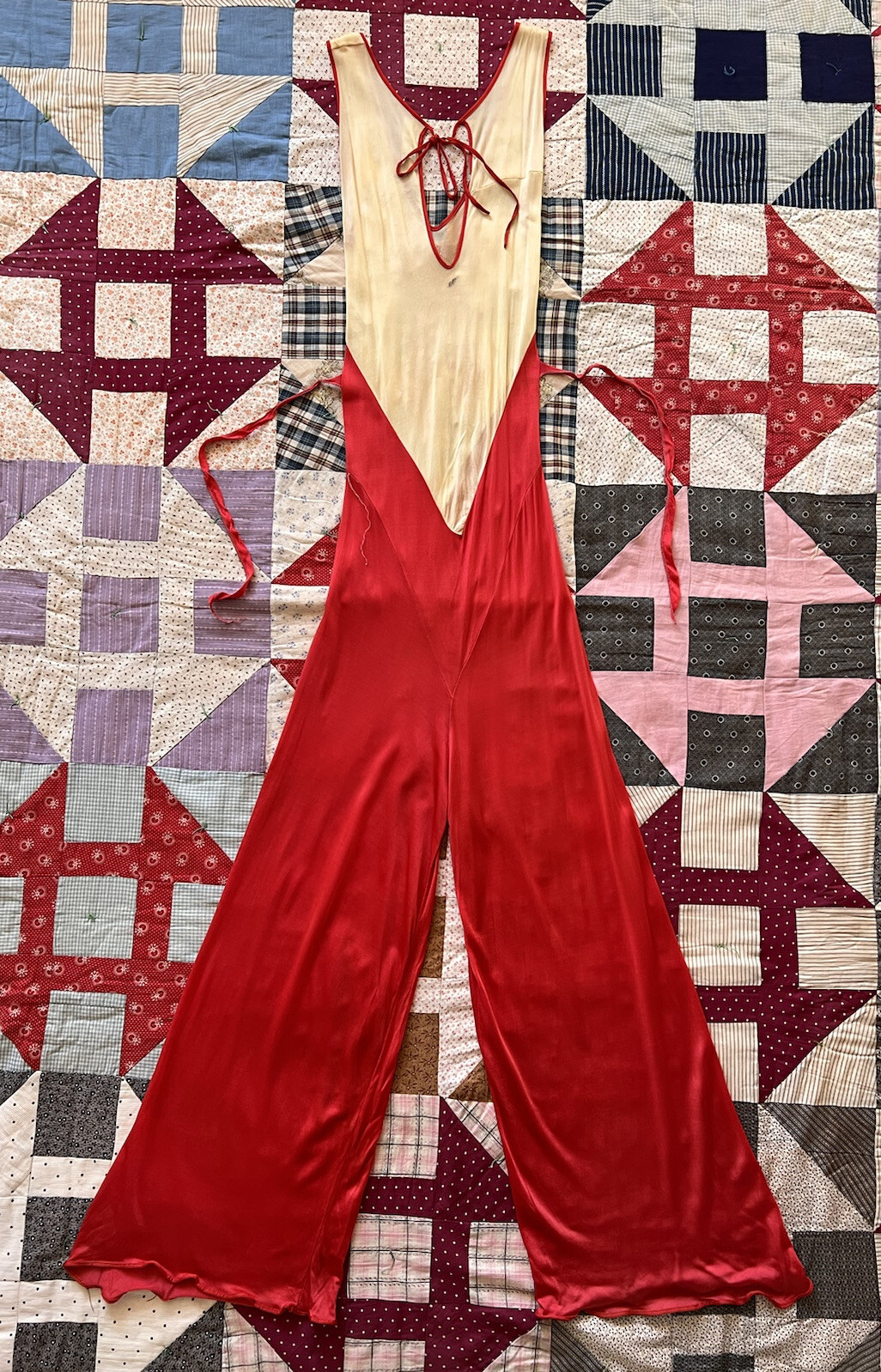 Vintage 1930s Red & Cream Trompe L’Oeil Rayon Jersey Beach Pajamas Jumpsuit Deco
