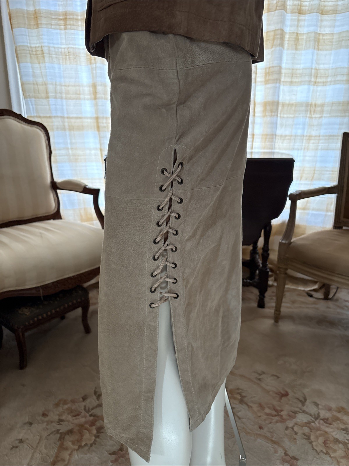Vtg Neutral Zone Tan Suede Genuine Leather Pencil Skirt Lined Pockets Slits Sz 5