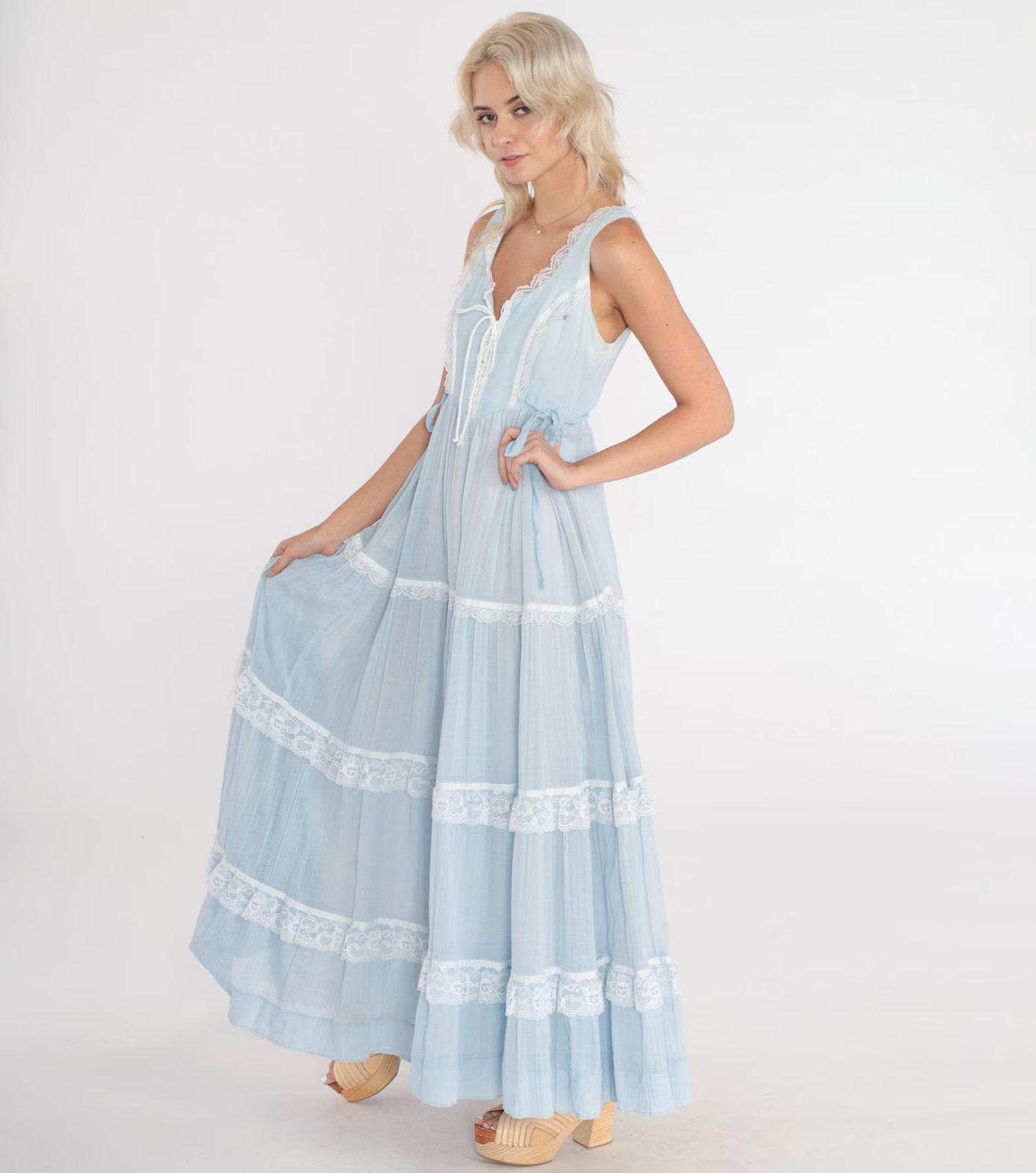 70s Gunne Sax Dress S Baby Blue Sundress Vintage Prairie Maxi Bohemian Lace Up S