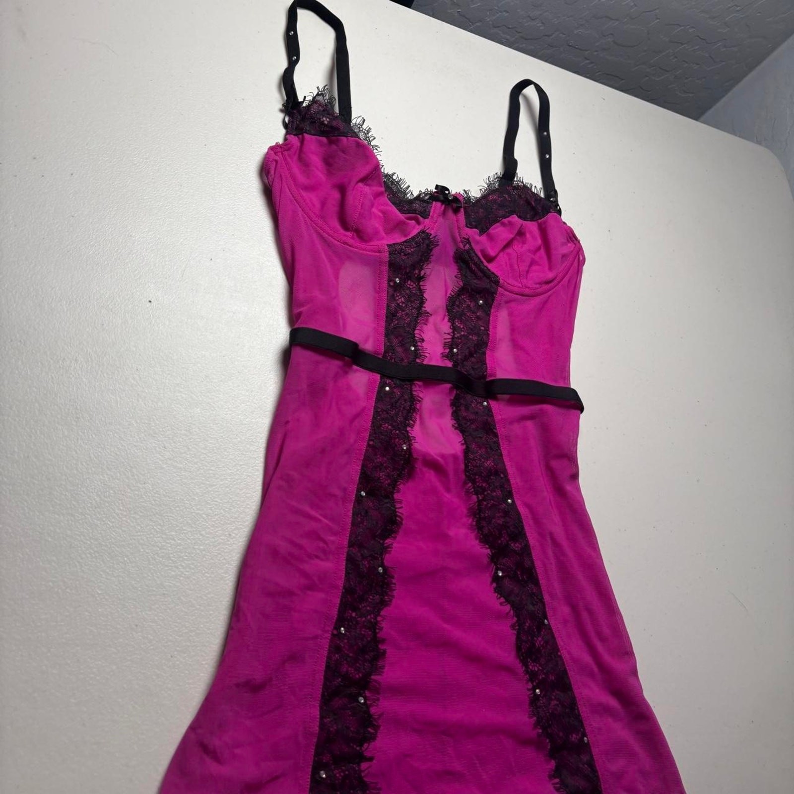 Y2K Frederick’s of Hollywood Pink & Black Mesh Lace Babydoll Chemise