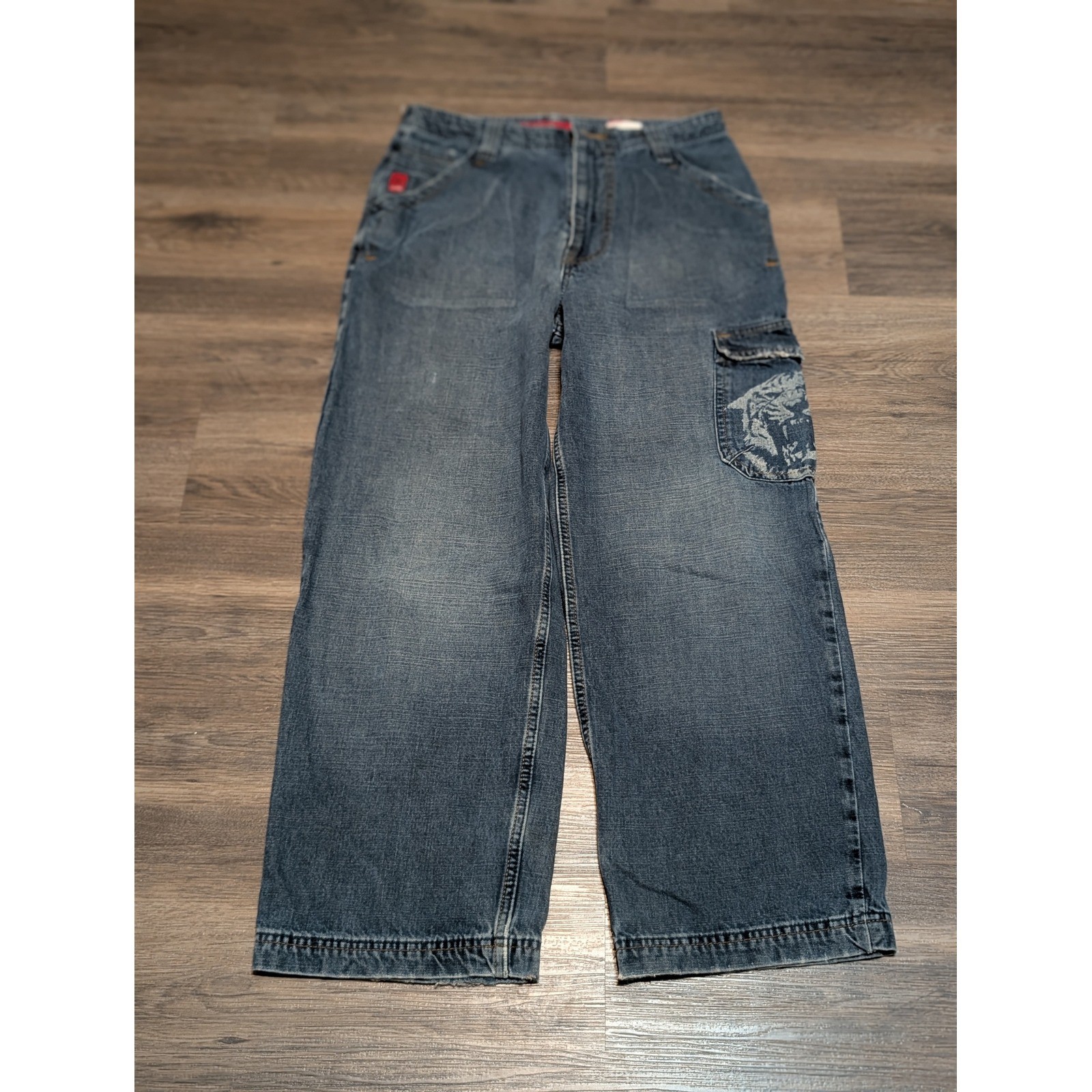 JNCO 90s Wide Leg Cargo Blue Denim Tiger Pocket Skater Pants Size 18 (30×28)