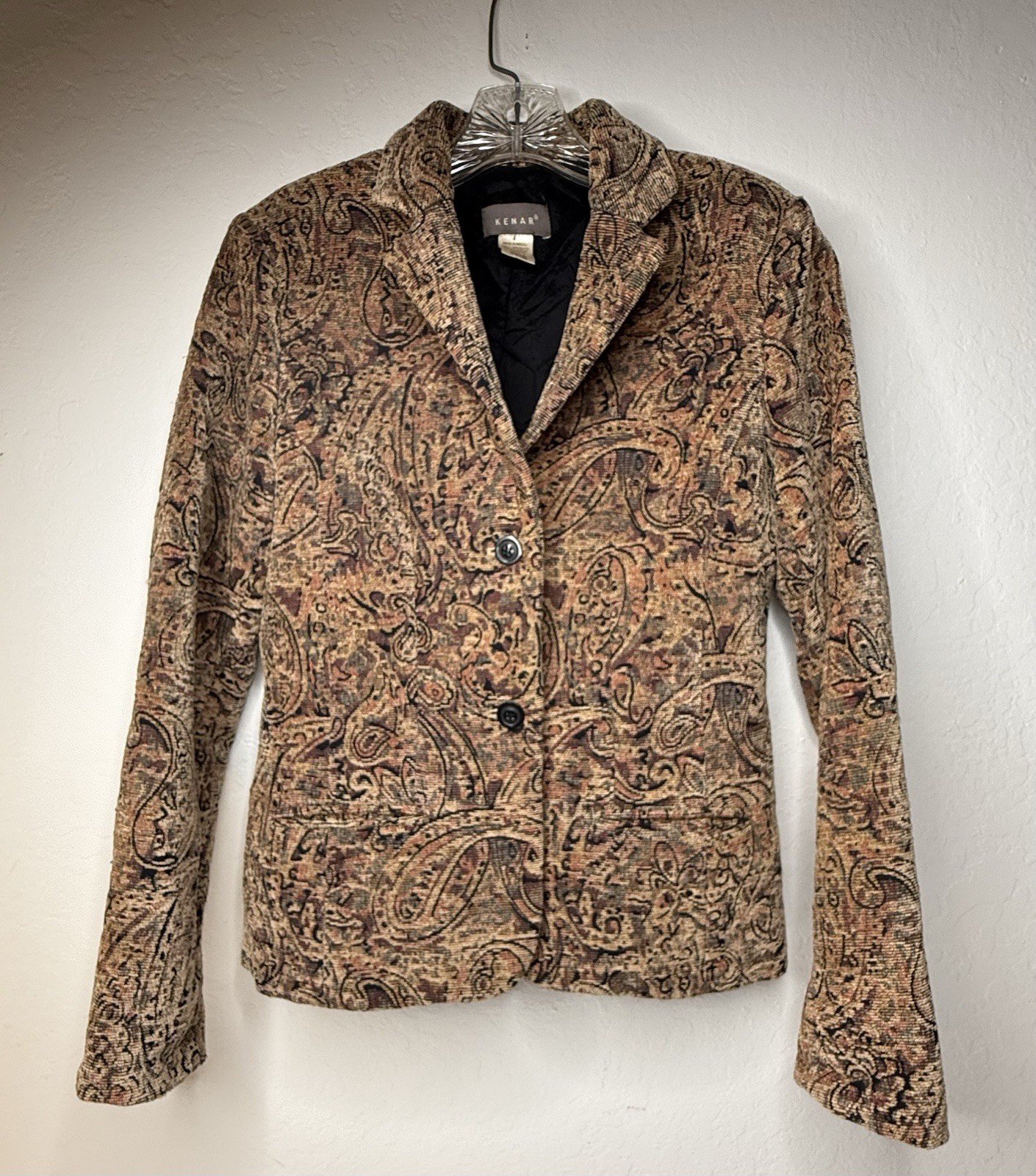 Vintage KENAR Jaquard Blazer Women Size 4 Textured Gold Paisley Boho Chic Art