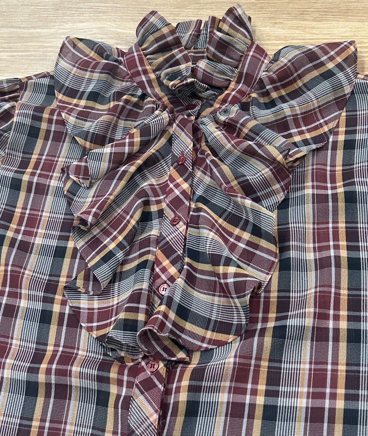 COQUETTE PRAIRIE PLAID RUFFLE BOW BLOUSE Vintage 70s Secretary Poet Top Sheer 40
