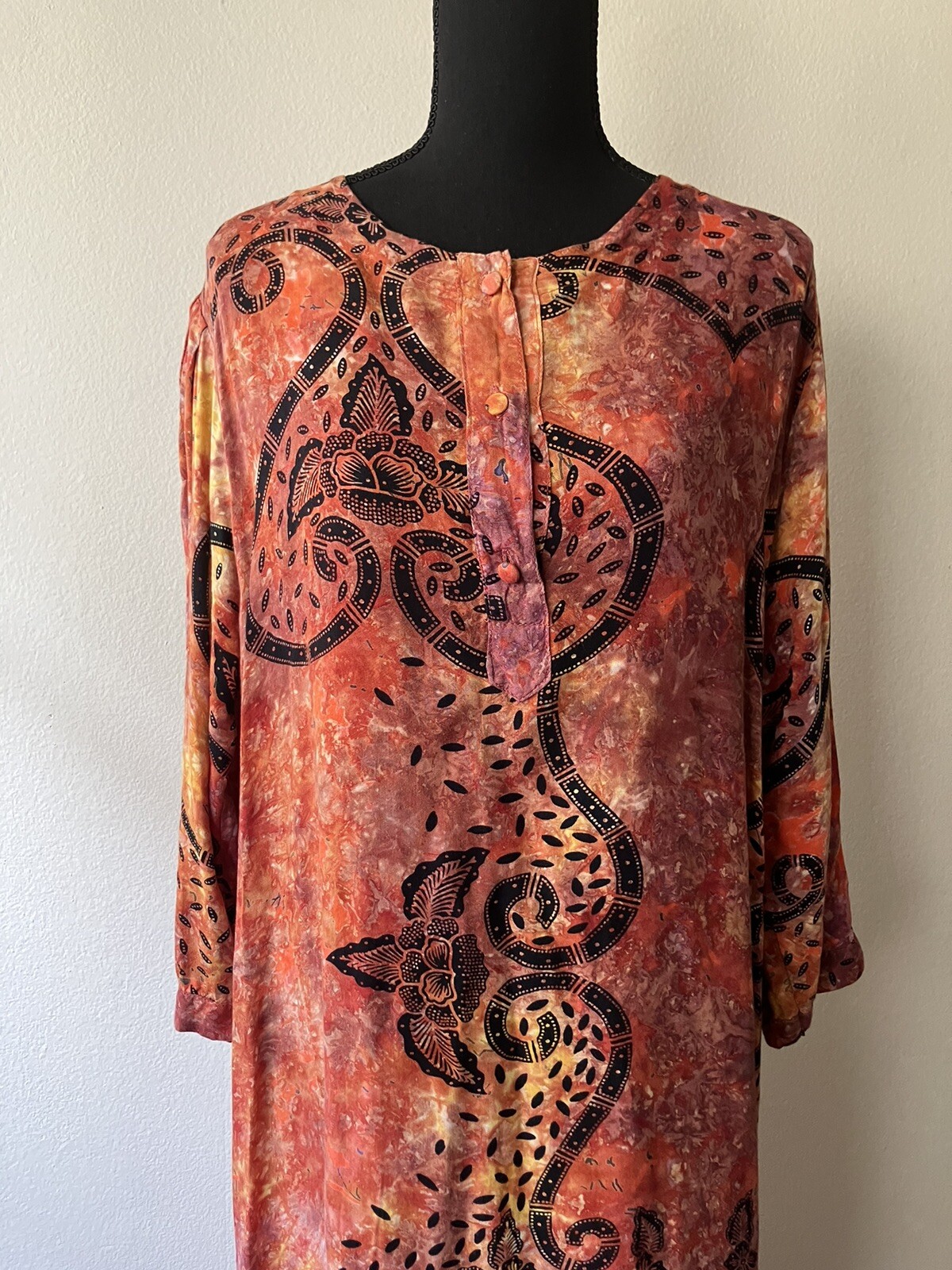 Vintage 70s Lady Cactus Batik Print Tie Dye Caftan/Maxi Dress Boho Festival L/XL