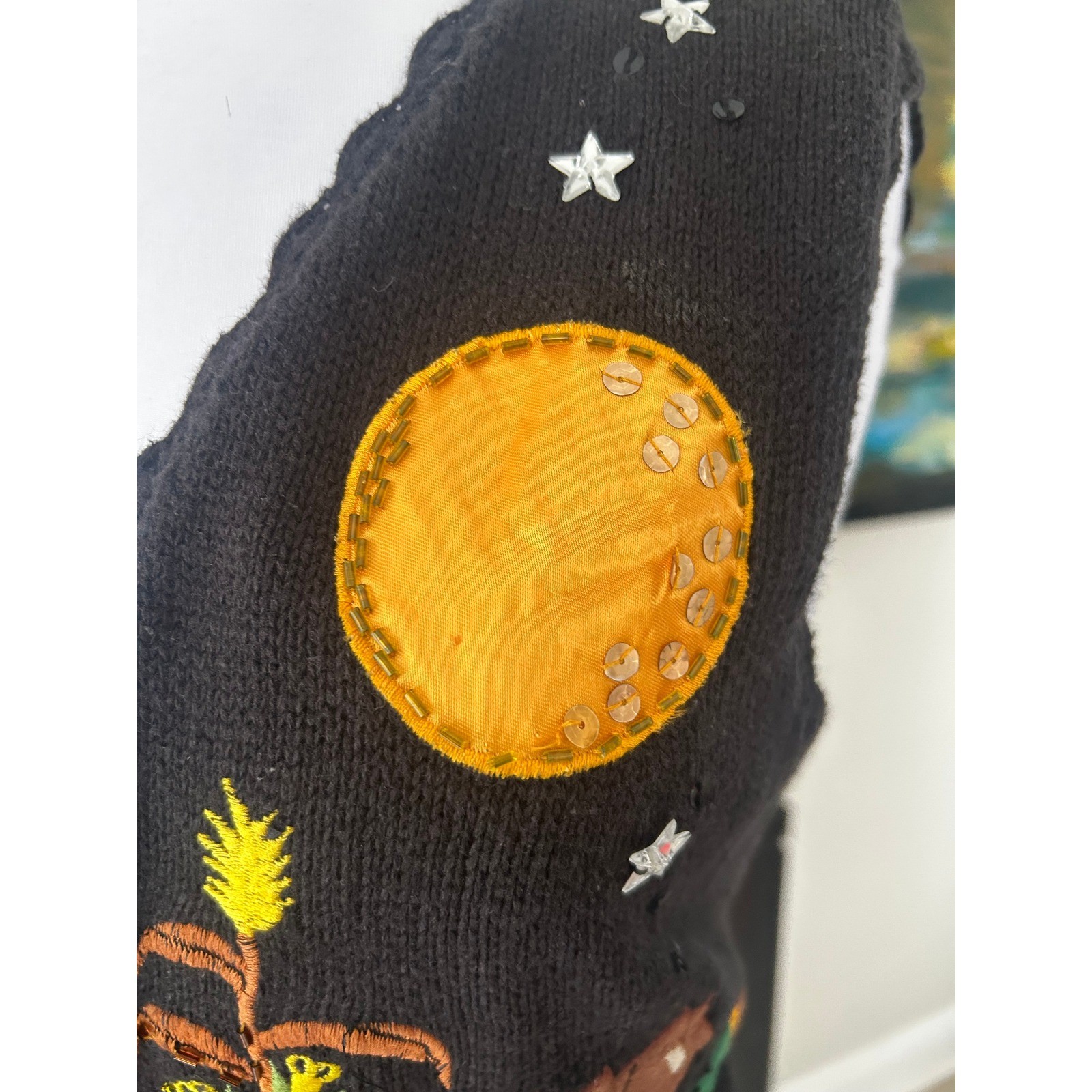 Vintage Halloween Knit Vest Medium Black Harvest Bear Pumpkin Patchwork Buttons