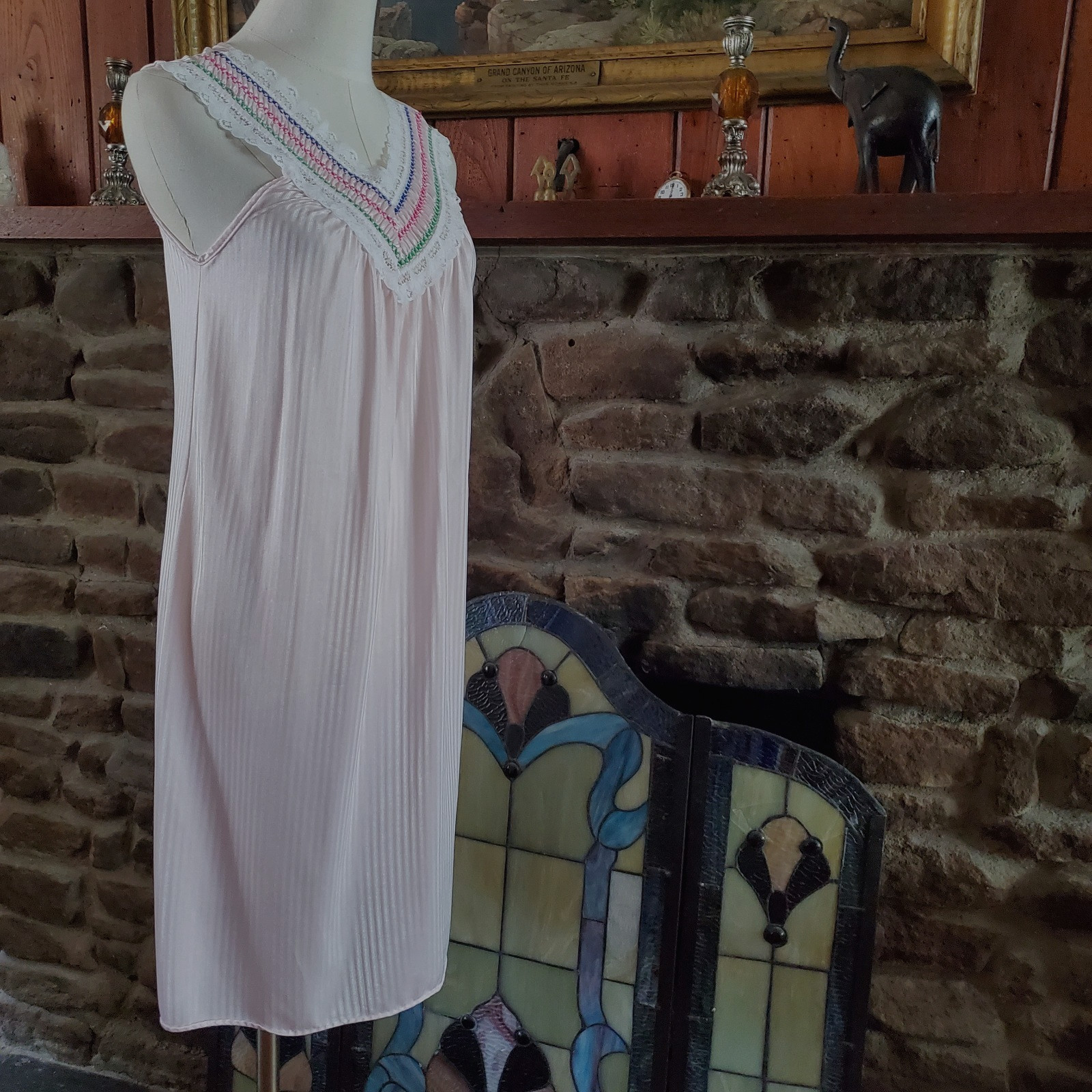 Vintage Sidney Bernstein USA Pink Nylon Nightgown Womens Small Shadow Stripe S