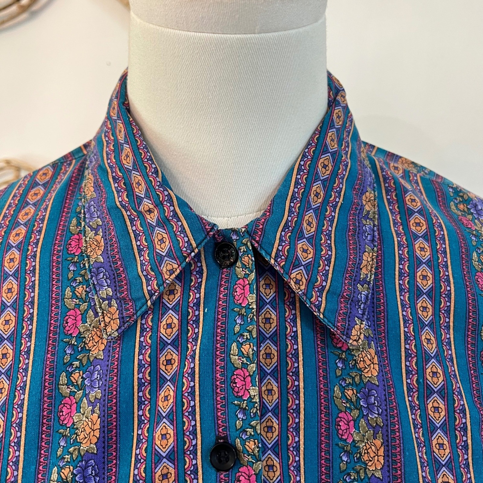 Vintage Jeri Marque Teal Cotton Blend Floral Stripe Button Down Shirt Boho USA M