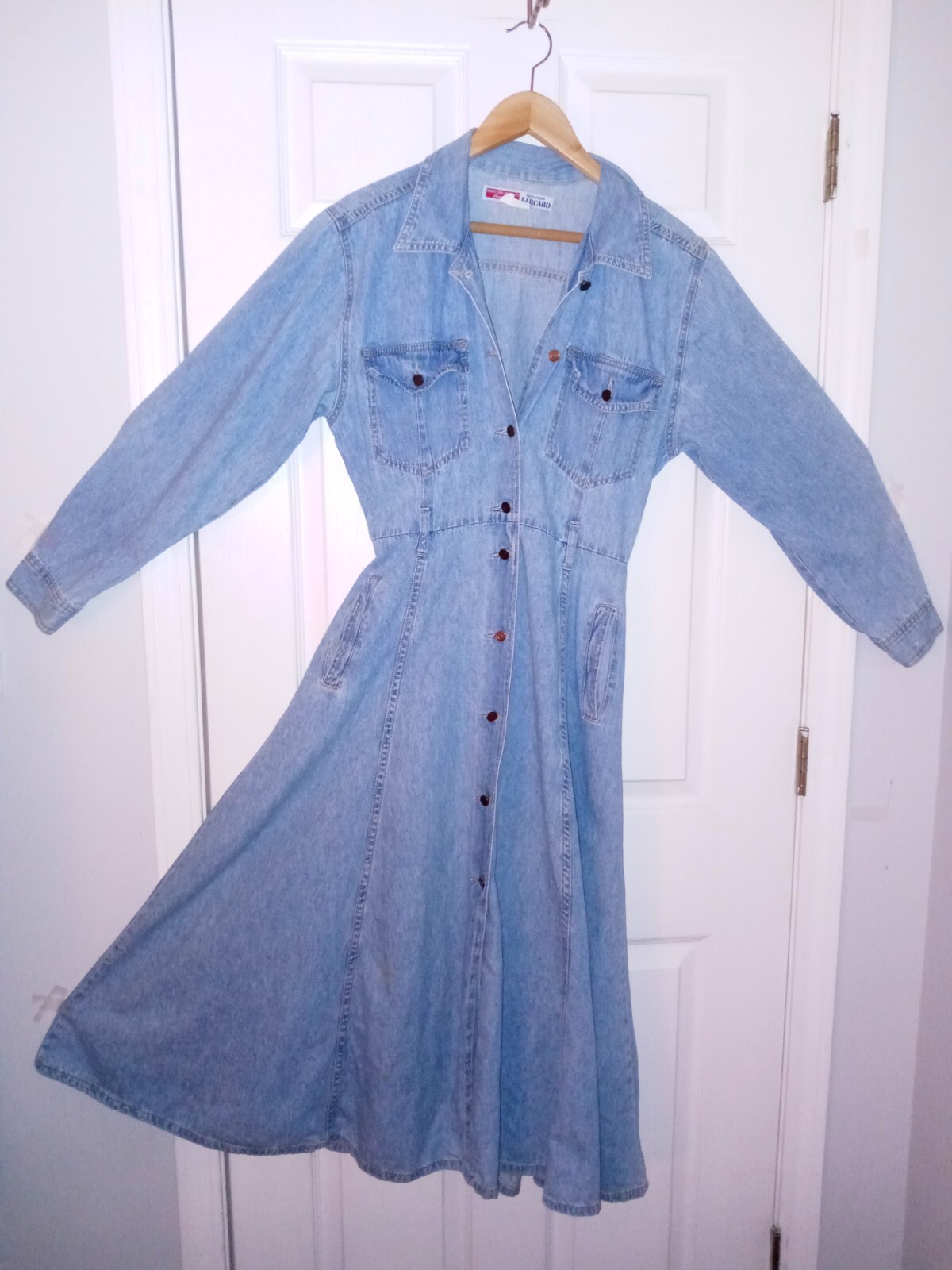 VTG 1980 J Acaro dress long slvs long 100% cotton blue jean denim button frnt S