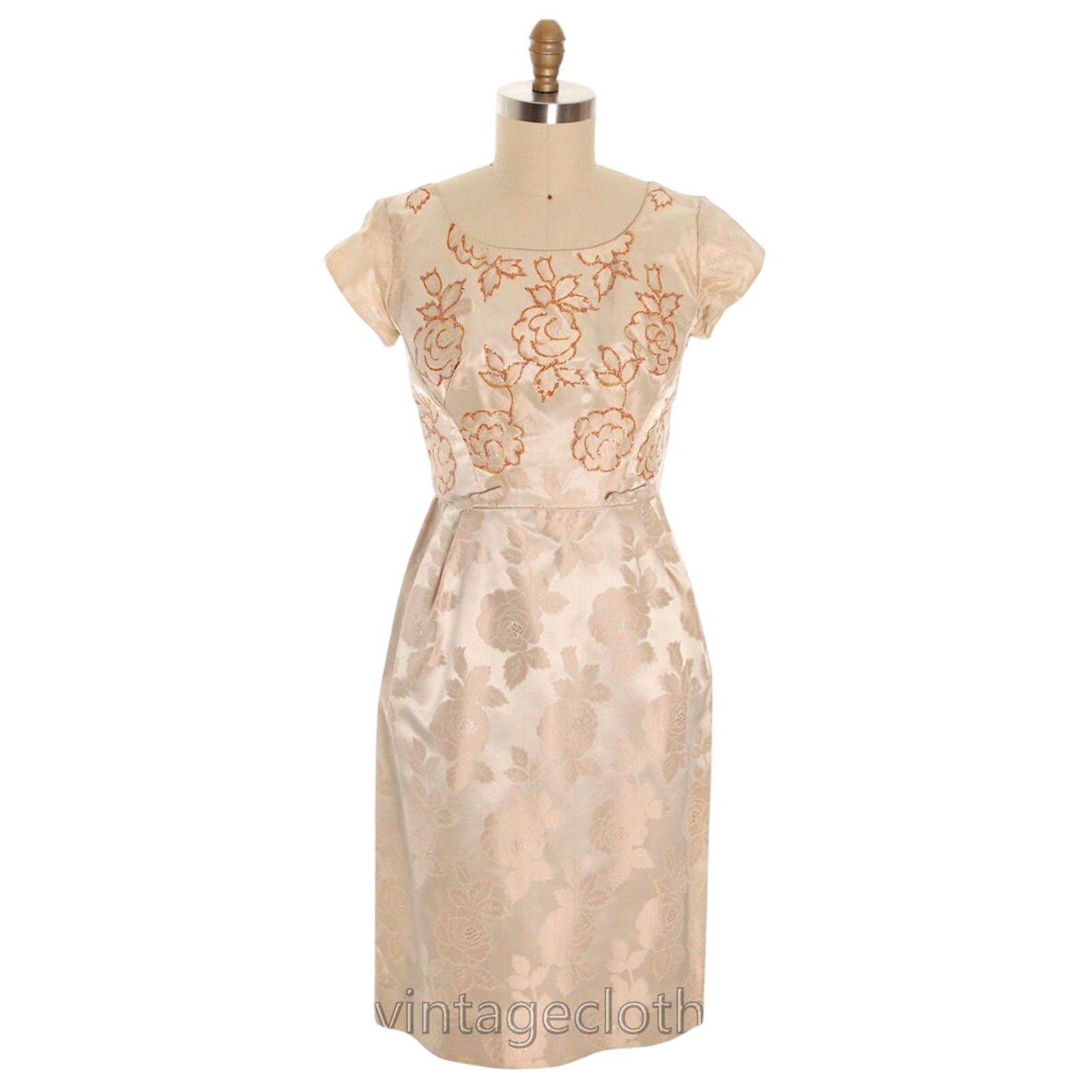 VTG 1950s Beige Damask Bombshell Cocktail Dress Glitter Bodice VLV Hourglass
