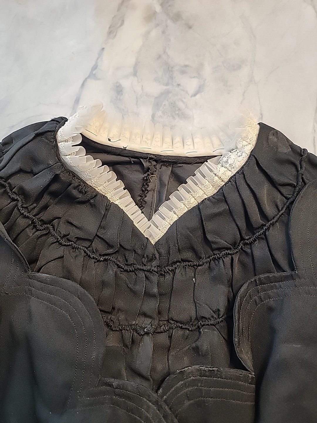 C 1870’S BLACK SILK SATIN BODICE W HANDMADE LACE EDGING Edwardian Victorian OG